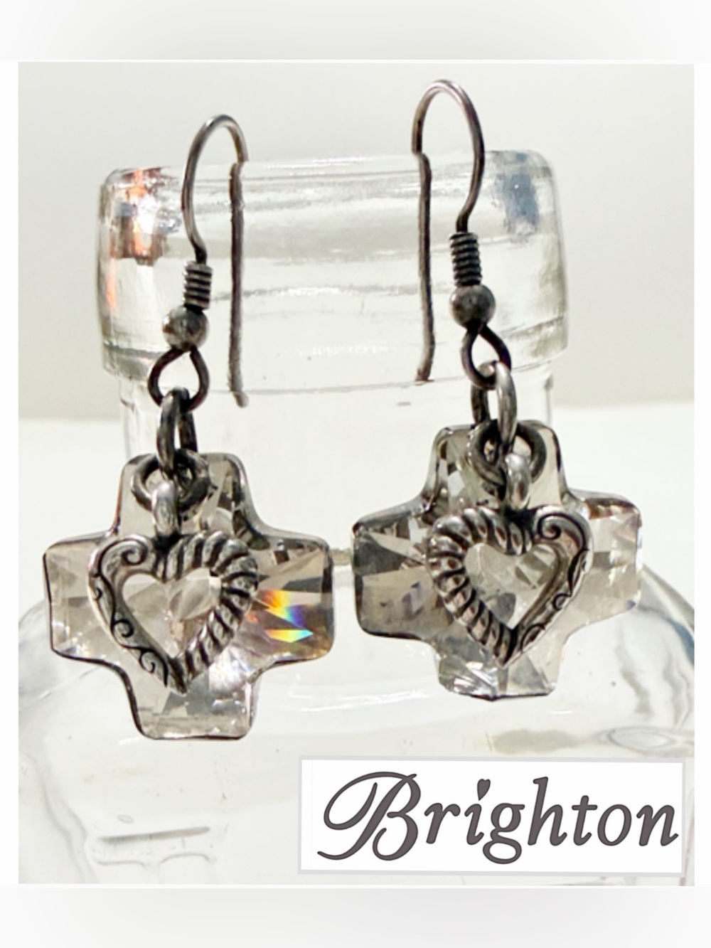 Brighton Karma Cross Silver Smokey Crystal Dangle Drop French Wire Earrings